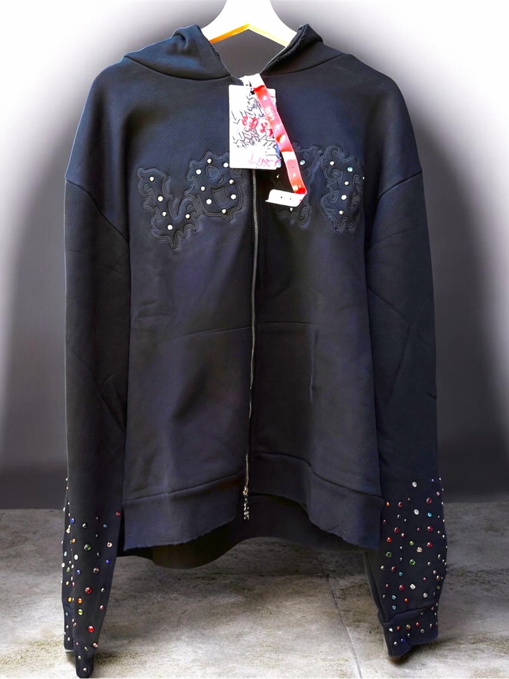 Lost Intricacy LOST Applique Rhinestone Zip-Up Hoodie - Washed Black Xl